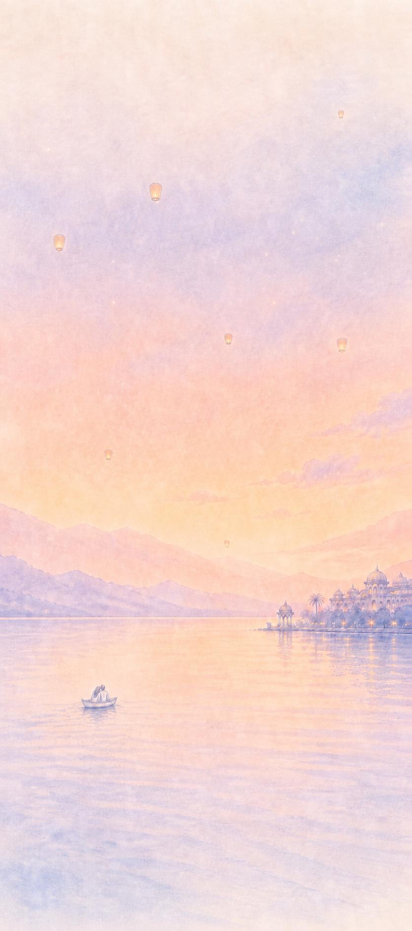 A couple in a rowboat on a Udaipur lake at twilight, with a palace glowing across the water and sky lanterns floating upward